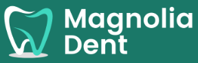 magnolia-logo3 Magnolia Dent logo with a stylized white and teal tooth icon to the left of the 'Magnolia Dent' text on a black background.