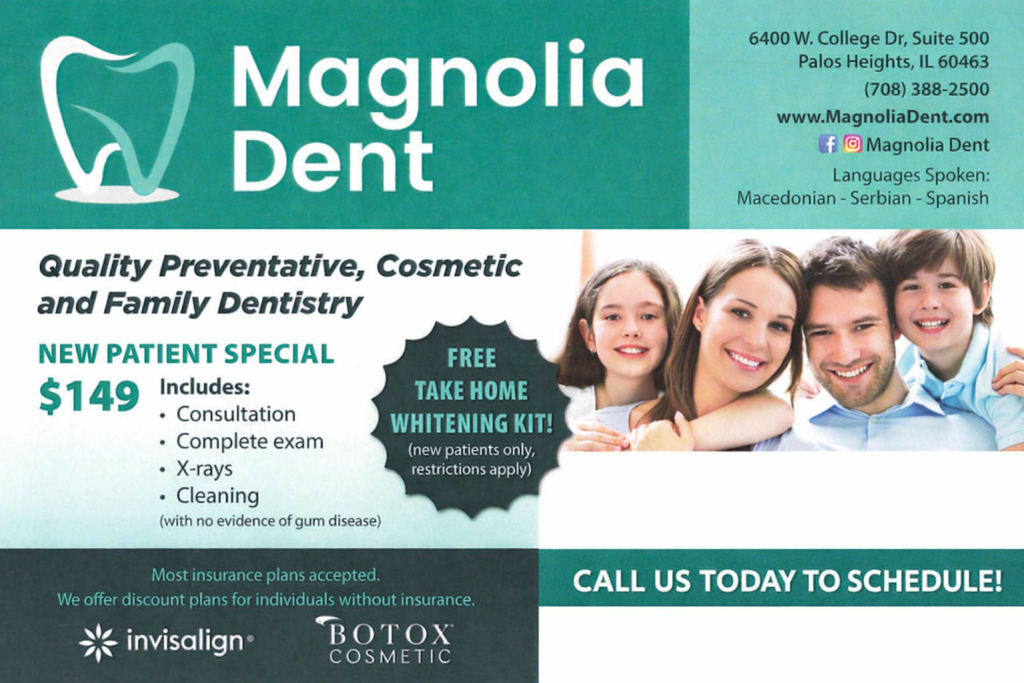 Magnolia Dent new patient special: $149 includes consultation, exam, X-rays, and cleaning plus free take-home whitening kit. Call today to schedule.